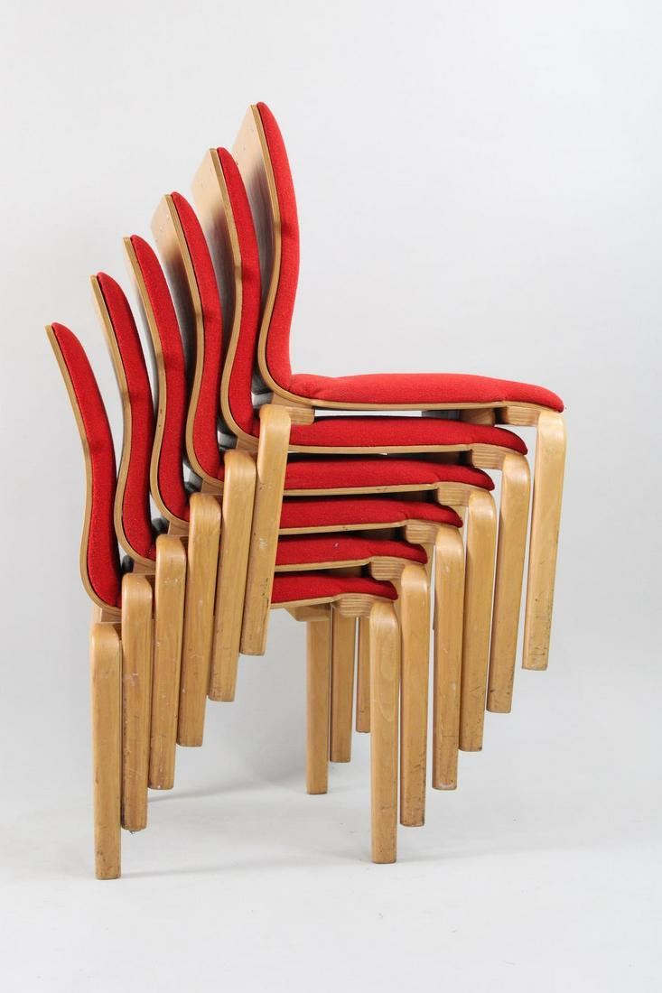 Set of 6 Thonet Bill Stephens for Knoll Style Bentwood Stacking Chairs, 5 of 7: Set of 6 Thonet Bill Stephens for Knoll Style Bentwood Stacking Chairs, 5 of 7. They are not marked anything, attributed to Bill Stephens for Knoll. Very vibrant red cushions that are soft and in good