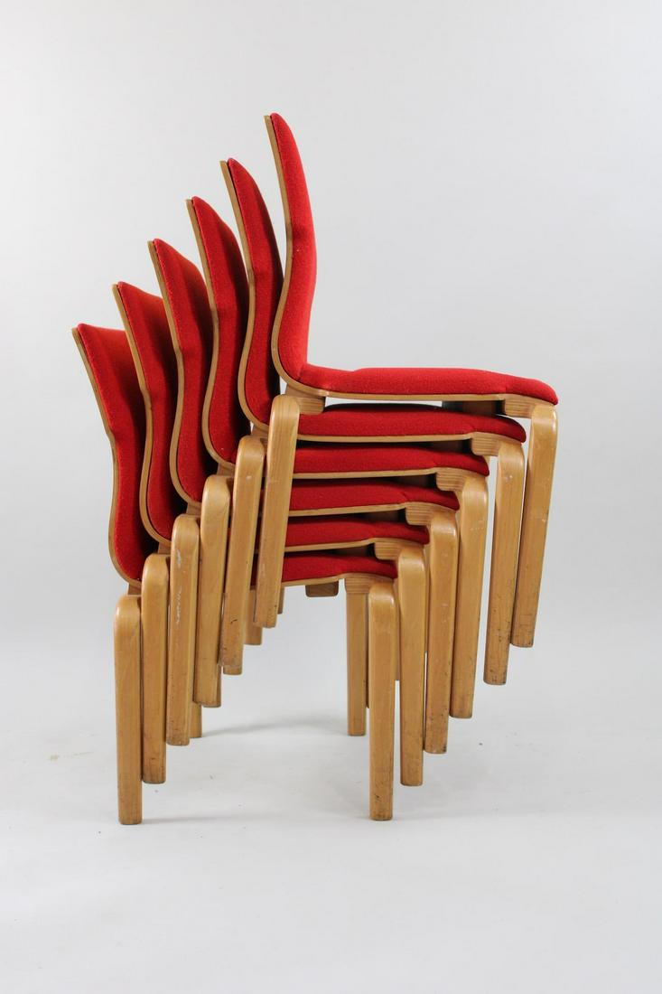 Set of 6 Thonet Bill Stephens for Knoll Style Bentwood Stacking Chairs, 7 of 7: Set of 6 Thonet Bill Stephens for Knoll Style Bentwood Stacking Chairs, 7 of 7. They are not marked anything, attributed to Bill Stephens for Knoll. Very vibrant red cushions that are soft and in good