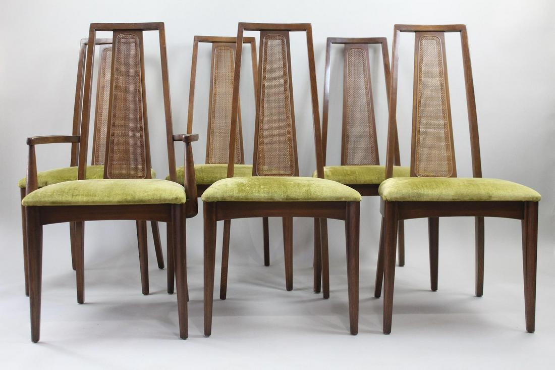 Set of 6 Caned High Back Dining Chairs by Broyhill, Mid Century Modern: Set of 6 Caned High Back Dining Chairs by Broyhill, Mid Century Modern. This set of 6 chairs contains one arm chair. The tag on the underside is Broyhill. Dimensions are 41.5 in h x 20 in w x 21 in d.