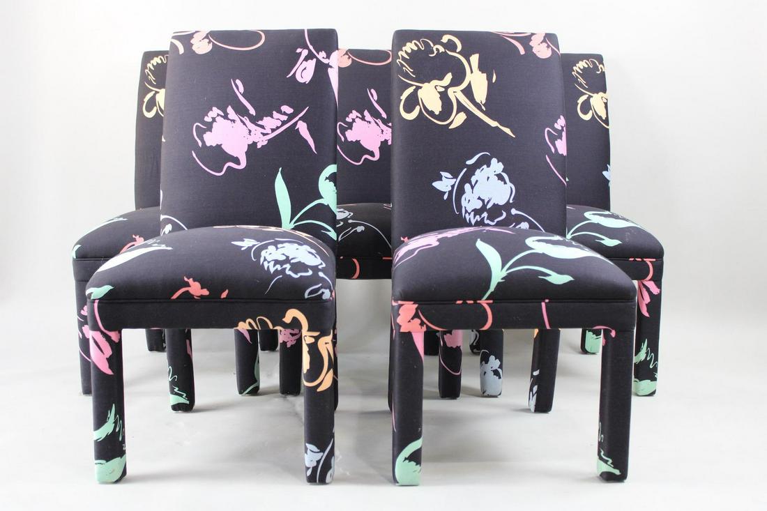 Set of 5 Fully Upholstered Postmodern Dining Chairs: Set of 5 Fully Upholstered Postmodern Dining Chairs. These chairs have a funky paint splatter pattern against black fabric. Dimensions are 38.5 in h x 19.5 in w x 25.5 in d. Condition is very good. No