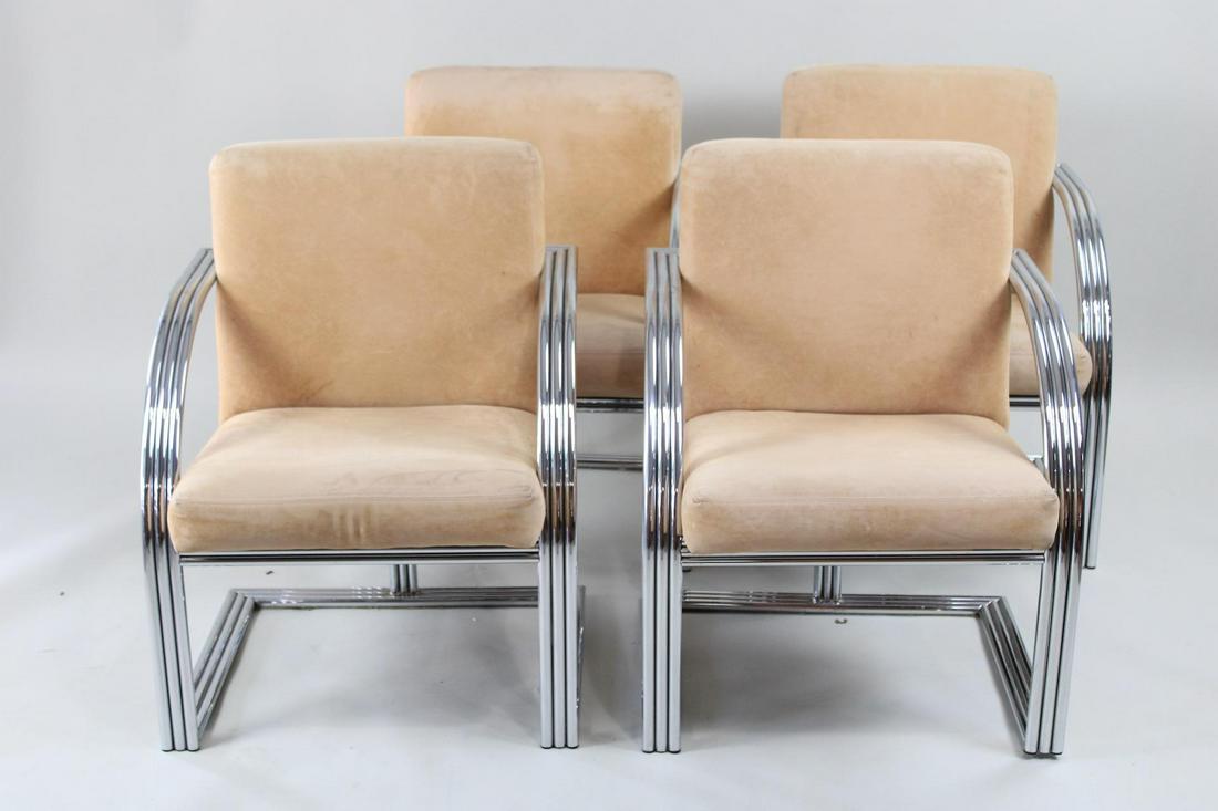 Set of 4 Mid Century Modern Chrome Arm Chairs, Milo Baughman for Thayer Coggin: Set of 4 Mid Century Modern Chrome Arm Chairs, Milo Baughman for Thayer Coggin. These chairs have a great streamlined curved chrome frame/arms. They are attributed to Milo Baughman. The tag on the und