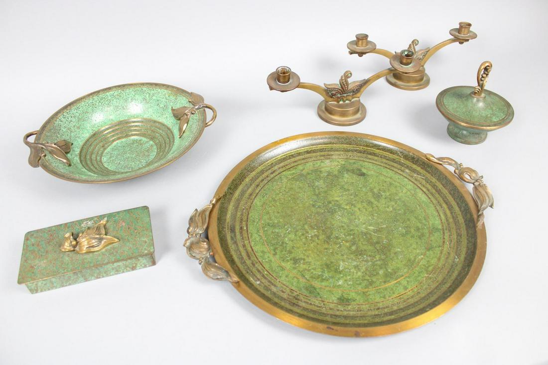 Lot of 6 Sorensen Bronzeware Candlesticks, Charger, Box, Dishes: Lot of 6 Sorensen Bronzeware Candlesticks, Charger, Box, Dishes. Lovely assortment of bronze kitchenware with rich green verdigris finish, decorative banding, and decorative finials and handles. Bridg