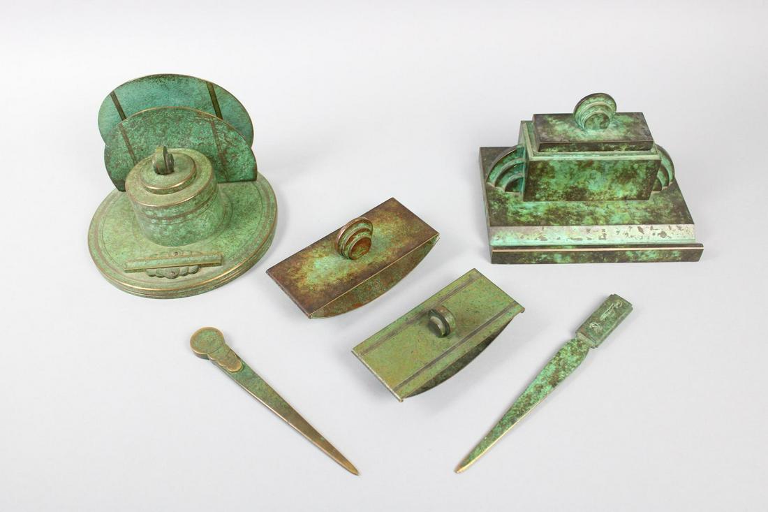 Lot of 6 Art Deco Carl Sorensen Bronze Inkwells, Blotters and Letter Openers: Lot of 6 Art Deco Carl Sorensen Bronze Inkwells, Blotters and Letter Openers. Fantastic office desk lot includes 2 ink wells, 2 blotters and 2v letter openers, all in a beautiful verdigris finish. Sta
