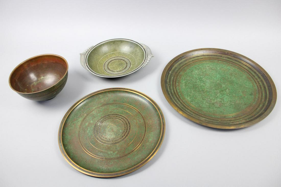 Lot of 4 Art Deco Carl Sorensen Verdigris Bronze, Charger, Trays & Bowl: Lot of 4 Mid-Century Modern Carl Sorensen Patinated Bronze Charger, Trays & Bowl. Bowl is stamped on underside. This is one of several lots of Sorensen matching green bronze metalware in this auction.