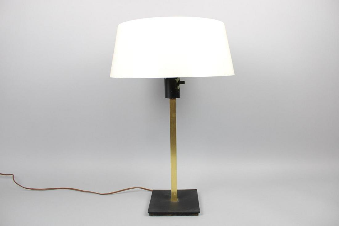 Mid Century Modern Brass Lamp & Plastic Shade, Gerald Thurston: Mid Century Modern Brass Lamp & Plastic Shade, Gerald Thurston. This lamp with metal and brass base has a plastic shade. it is attributed to Gerald Thurston. Dimensions are 22.5 in h x 14.5 in w x 14.