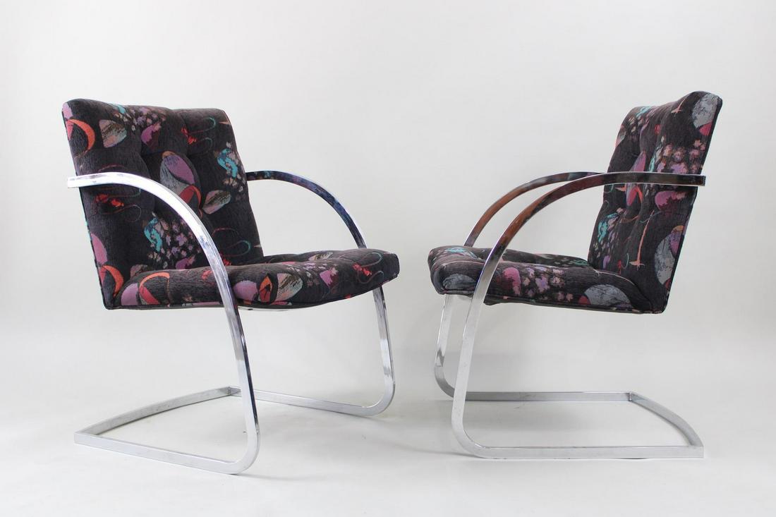 Mid Century Modern Chrome Cantilever Arched Chairs, Brno Style: Mid Century Modern Chrome Cantilever Arched Chairs. These chairs are not marked, they are in the shape of Brno chair but different type of frame, they have the style of Milo Baughman. Very funky fabri