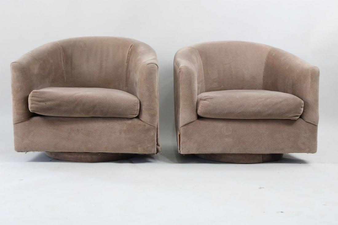 Pair of Milo Baughman Style Swivel Lounge Chairs: Pair of Milo Baughman Style Swivel Lounge Chairs. These are ready for their next life, reupholster them and you have a great pair of chairs. Dimensions are 26 in h x 30.5 in w x 27 in d. Condition is