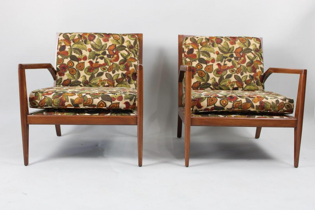 Mid Century Modern Walnut Angled Arm Lounge Chair, Bird Upholstery: Mid Century Modern Walnut Angled Arm Lounge Chair. These chairs have great fabric, the two cushions have zippers to remove the old rock solid foam and replace with much needed new foam. Dimensions are