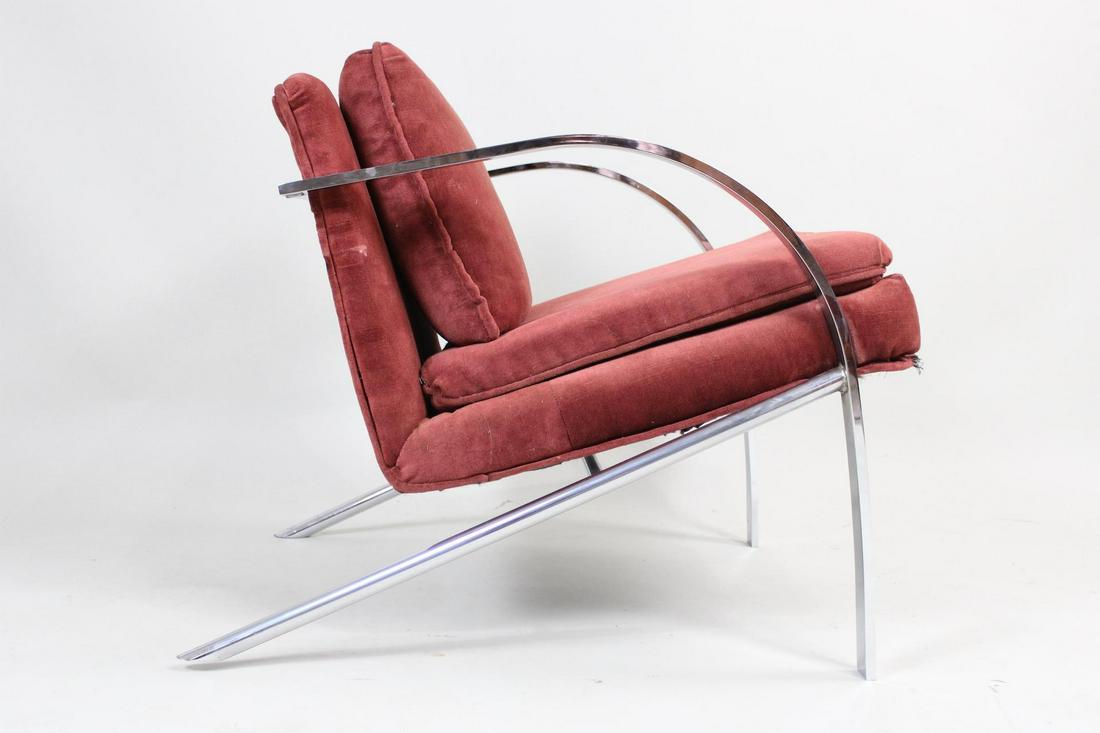 Mid Century Modern Arco Chair by Paul Tuttle, Velvet: Mid Century Modern Arco Chair by Paul Tuttle, Velvet. Nice streamlined chrome frame. We have another in our auction if you'd are looking to reupholster a pair. Dimensions are 26 in h x 27 in w x 34.5