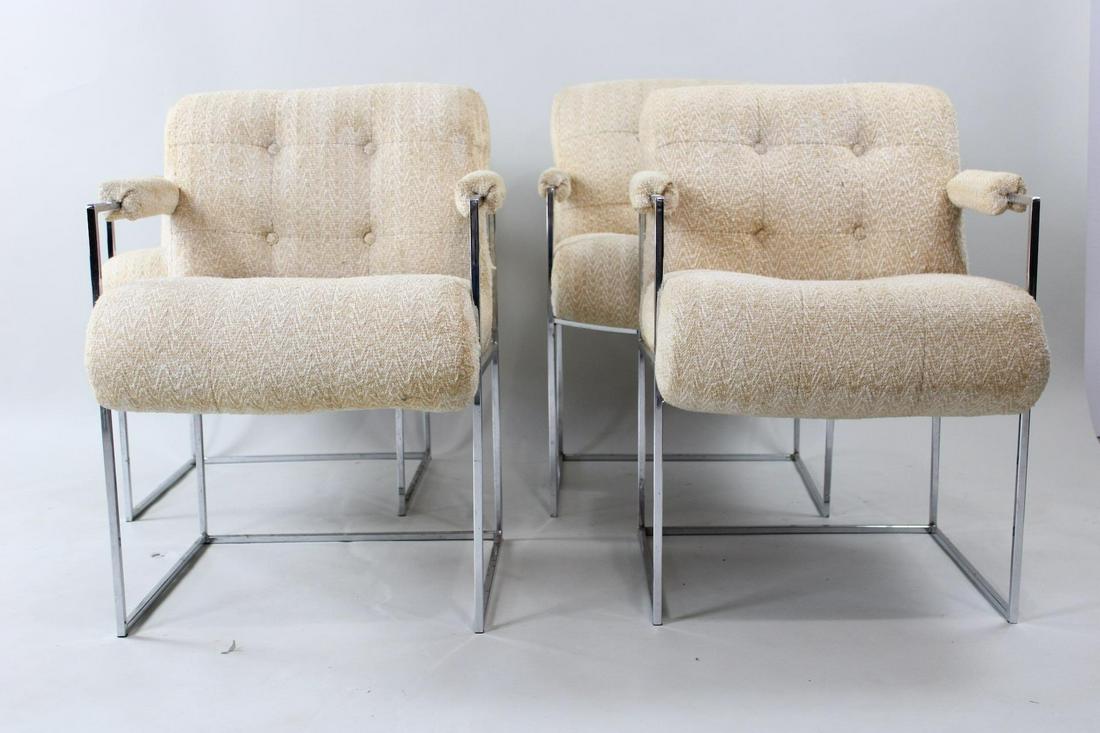 Set of 4 Milo Baughman for Thayer Coggin Upholstered Modern Chrome Lounge Chairs: Set of 4 Milo Baughman for Thayer Coggin Upholstered Modern Chrome Lounge Chairs. These chairs have a cubist chrome frame and upholstered cushions which could be redone. Dimensions are 30.25 in h x 22