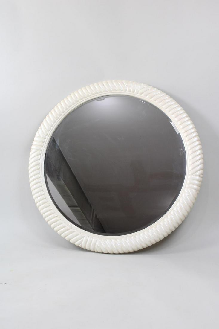Postmodern Circular Mirror, Tommaso Barbi Style: Postmodern Circular Mirror, Tommaso Barbi Style. This wall mirror is a off white composite looking like rope. It is marked Made in Italy. It is in the style of Tommaso Barbi. Mirror is beveled. Dimens