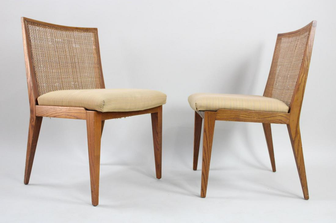 Pair of Mid-Century Modern Cane Side Chairs in Style of Edward Wormley: Pair of Mid-Century Modern Cane Side Chairs in Style of Edward Wormley. Both chairs have a rattan, cane back and cream upholstery seats. They have square tapered legs and a minimalist aesthetic. Dimen