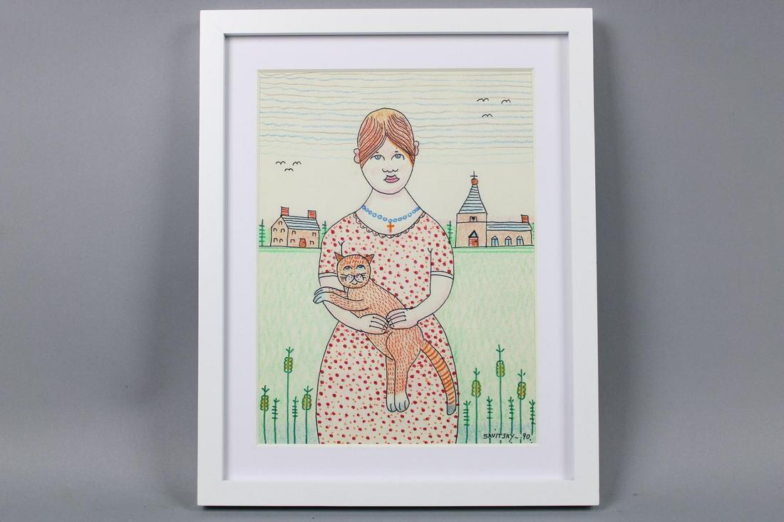 Jack Savitsky Framed Folk Art Drawing, Woman Holding a Cat: Jack Savitsky Framed Folk Art Drawing, Woman Holding a Cat. Delightful color drawing on paper of a woman holding an orange cat by Jack Savitsky (American, 1910-1991), signed and dated 1990 lower right