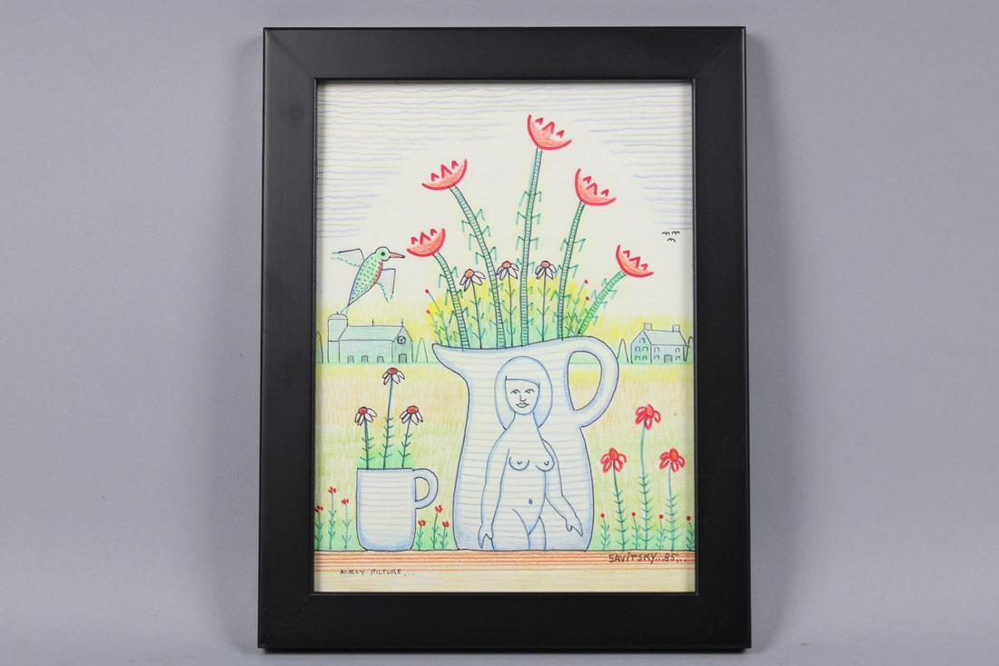 Jack Savitsky Framed Folk Art Drawing, "Molly Picture": Jack Savitsky Framed Folk Art Drawing, "Molly Picture". Delightful color drawing on paper of a pitcher with a nude woman on it by Jack Savitsky (American, 1910-1991), signed and dated 1985 lower right