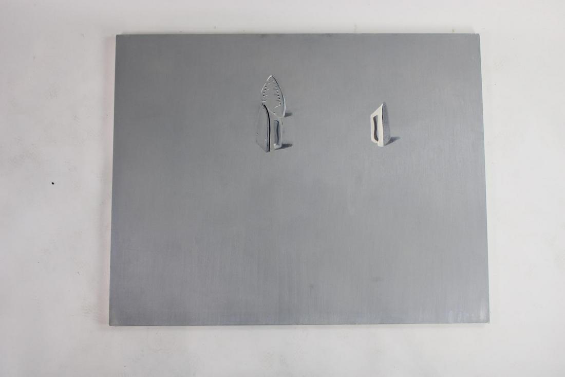 Jeronimo Elespe Large Minimalist Gray Oil Painting, Three Irons: Jeronimo Elespe Large Minimalist Gray Oil Painting, Three Irons. Work on stretched canvas by Jeronimo Elespe (Spanish, b. 1975) features a strikingly minimalist composition depicting three electric ir