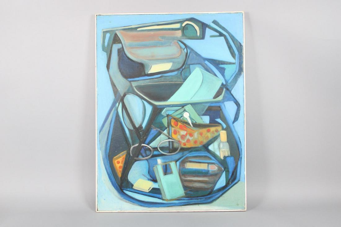 Large Mid-Century Modern Cubist Painting, Contents of a Purse, Signed: Large Mid-Century Modern Cubist Painting, Contents of a Purse, Signed. Large painting on stretched canvas shows, in cubist fashion, the contents of a woman's purse. Signed illegibly lower right, and f