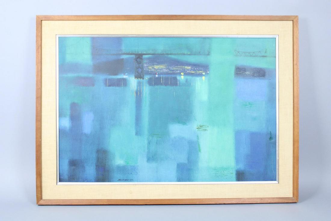 Jason Schoener Oil Painting, "City by the Bridge" 1960: Jason Schoener Oil Painting, "City by the Bridge" 1960. Beautiful and atmospheric painting on canvas is signed lower left by the artist, Jason Schoener (American 1919-1997) with an additional label on