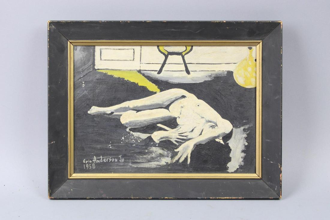 1958 Eric Anderson Jr., Surrealist Painting of Nude Woman, Mid Century Modern: 1958 Eric Anderson Jr., Surrealist Painting of Nude Woman, Mid Century Modern. The painting is framed and on canvas. It depicts a nude woman laying on the floor with mcm chair and pottery behind her. 