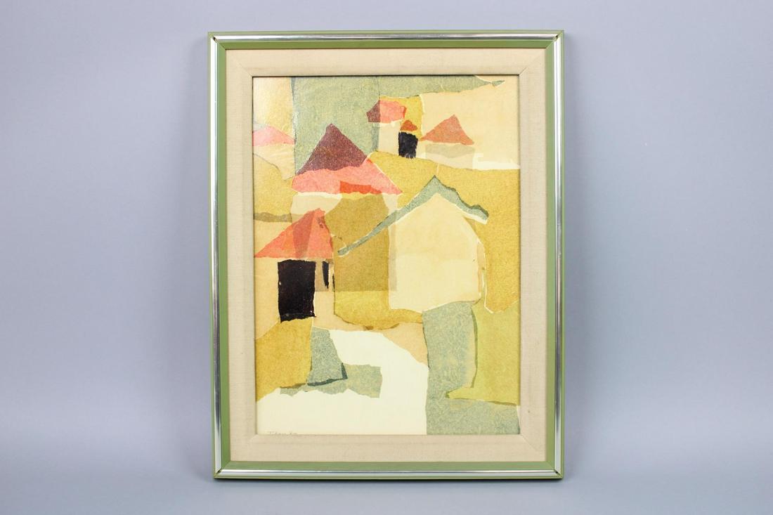 Framed Mid Century Modern Paper Collage of Houses, Signed Takayo 1967: Framed Mid Century Modern Paper Collage of Houses, Signed Takayo 1967. This art of abstract paper collage looks like houses. Dimensions are 19.25 in h x 15.25 in w x 1 in d. Condition is very good. Pl