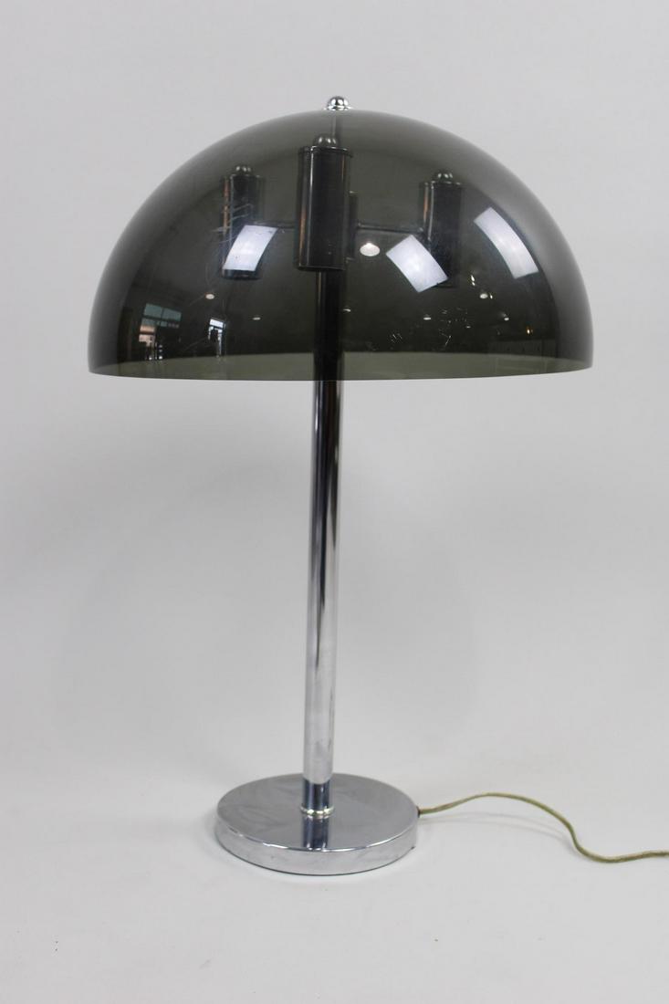Mid-Century Modern Kovacs Chrome & Smoked Lucite Mushroom Lamp: Mid-Century Modern Chrome & Smoked Lucite Mushroom Lamp. Great lamp with round chrome base and smoked acrylic shade. Marked Kovacs. The lamp has not been tested for function and may need to be rewired