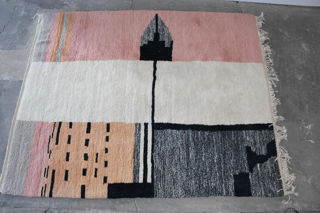 Contemporary Modern Moroccan Abstract Rug, 8x10: Contemporary Modern Moroccan Abstract Rug, approximately 8x10. This rug with Black and white and pink and peach colors. Very soft and plush. Dimensions are 1.5 in h x 125 in w x 99 in d. Condition is 