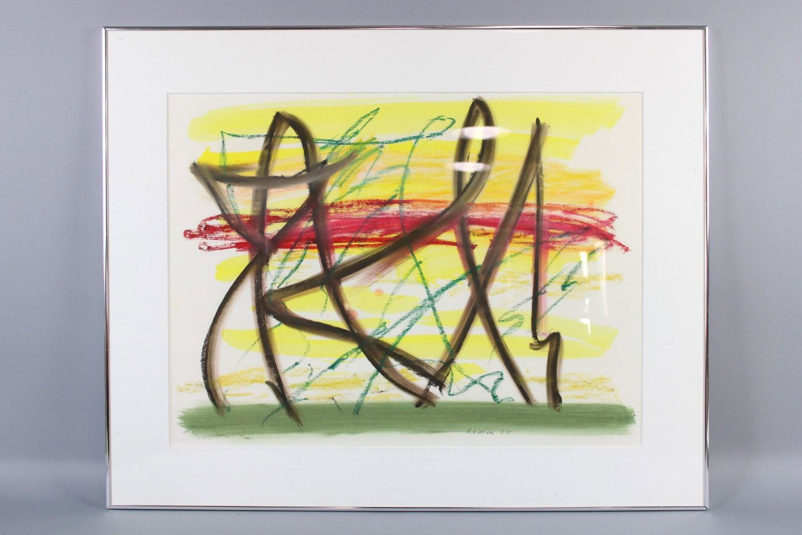 Jacob Kainen Framed Modern Abstract Painting, Red Flash 1988, 1 of 2: Jacob Kainen Framed Modern Abstract Oil Drawing, Red Flash 1988. Oil wash and oil stick on paper, in vibrant yellow, green, red & black. Signed by the artist Jacob Kainen (1909-2001 American) lower ri