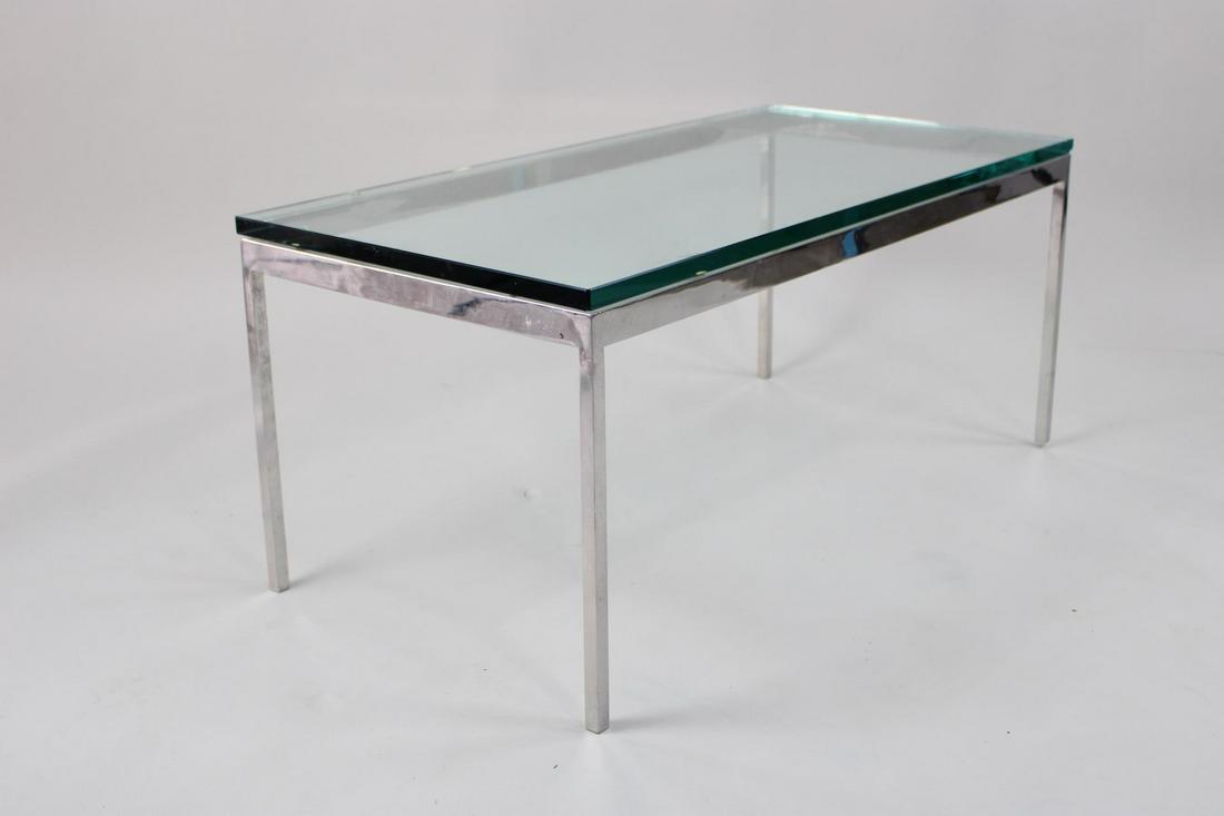Mid Century Modern Glass Top Coffee Table, Style of Florence Knoll: Mid Century Modern Glass Top Coffee Table, Style of Florence Knoll. There are no maker markings. In the style of Florence Knoll coffee table. Dimensions are 15.75 in h x 36 in w x 18 in d. Condition i