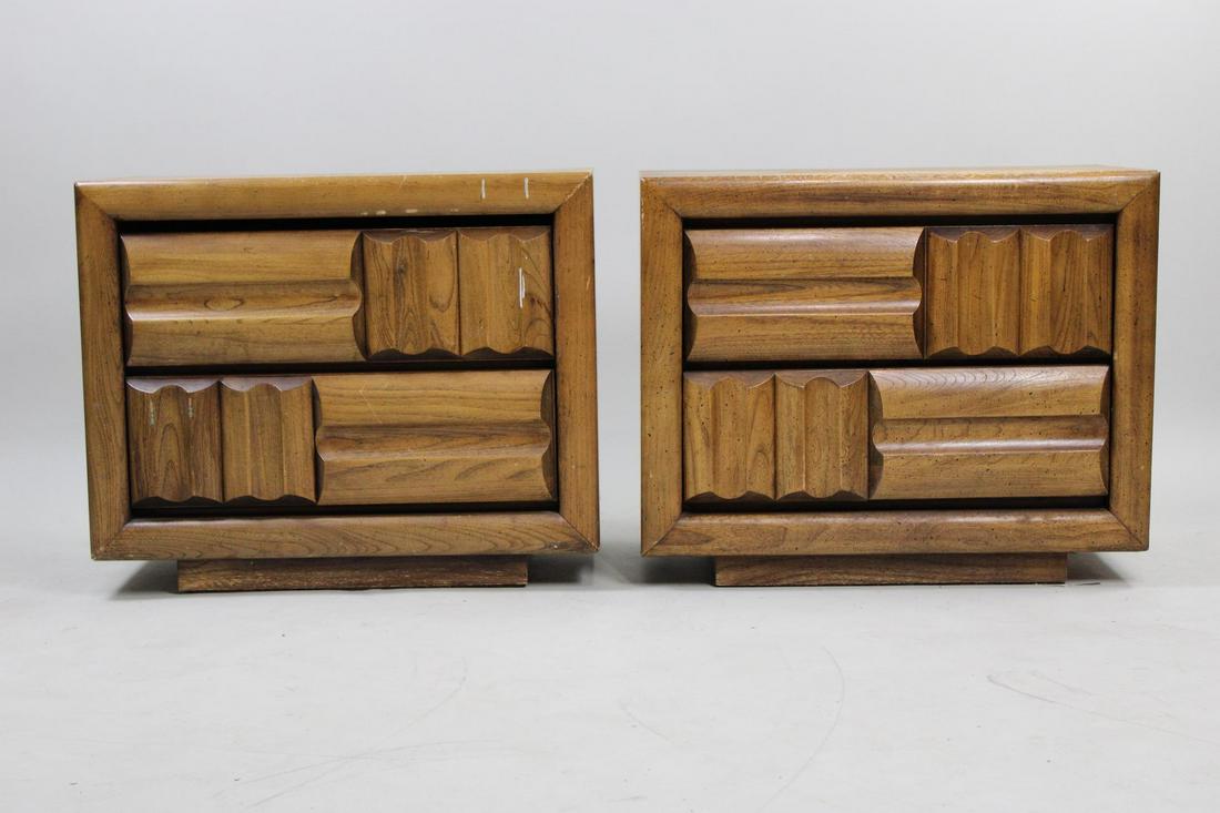 Pair of Mid-Century Modern Lane Wooden Brutalist Nightstands: Pair of Mid-Century Modern Lane Brutalist Nightstands. Handsome matching pair of nightstands in the Brutalist style. Marked Lane inside one of the drawers. There is a matching wardrobe listed separate