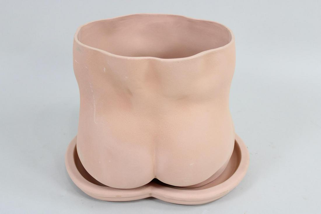Contemporary Ceramic Artist "Group Partner", Oversized Butt Pot Planter: Contemporary Ceramic Artist "Group Partner", Oversized Butt Pot Planter. This large 20 in tall planter also has a drip tray. The artist Isaac Nichols also goes by Group Partner. Dimensions are 20 in h