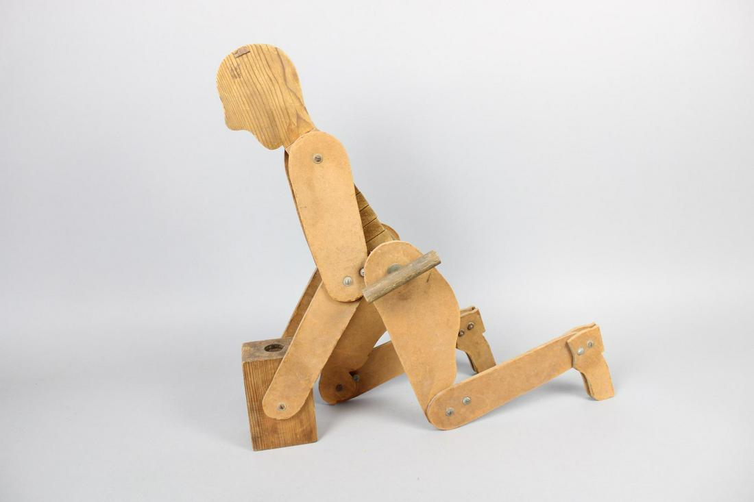Handmade Cubist Folk Art Wooden Sculptural Teaching Model, How to Lift: Handmade Folk Art Wooden Sculptural Teaching Model, How to Lift. This mid century modern cubist jointed sculpture teaches how to properly lift. Dimensions are 31 in h x 5 in w x 9.5 in d. Condition is