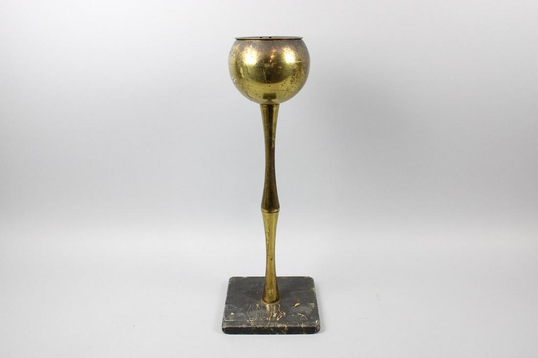 Mid-Century Modern Brass Orb on Marble Base Ashtray: Mid-Century Modern Brass Orb on Marble Base Ash Tray. Slender neck in two tapered sections cuts an attractive profile. Polished brass finish has acquired a nice patina of scratches and oxidation from 
