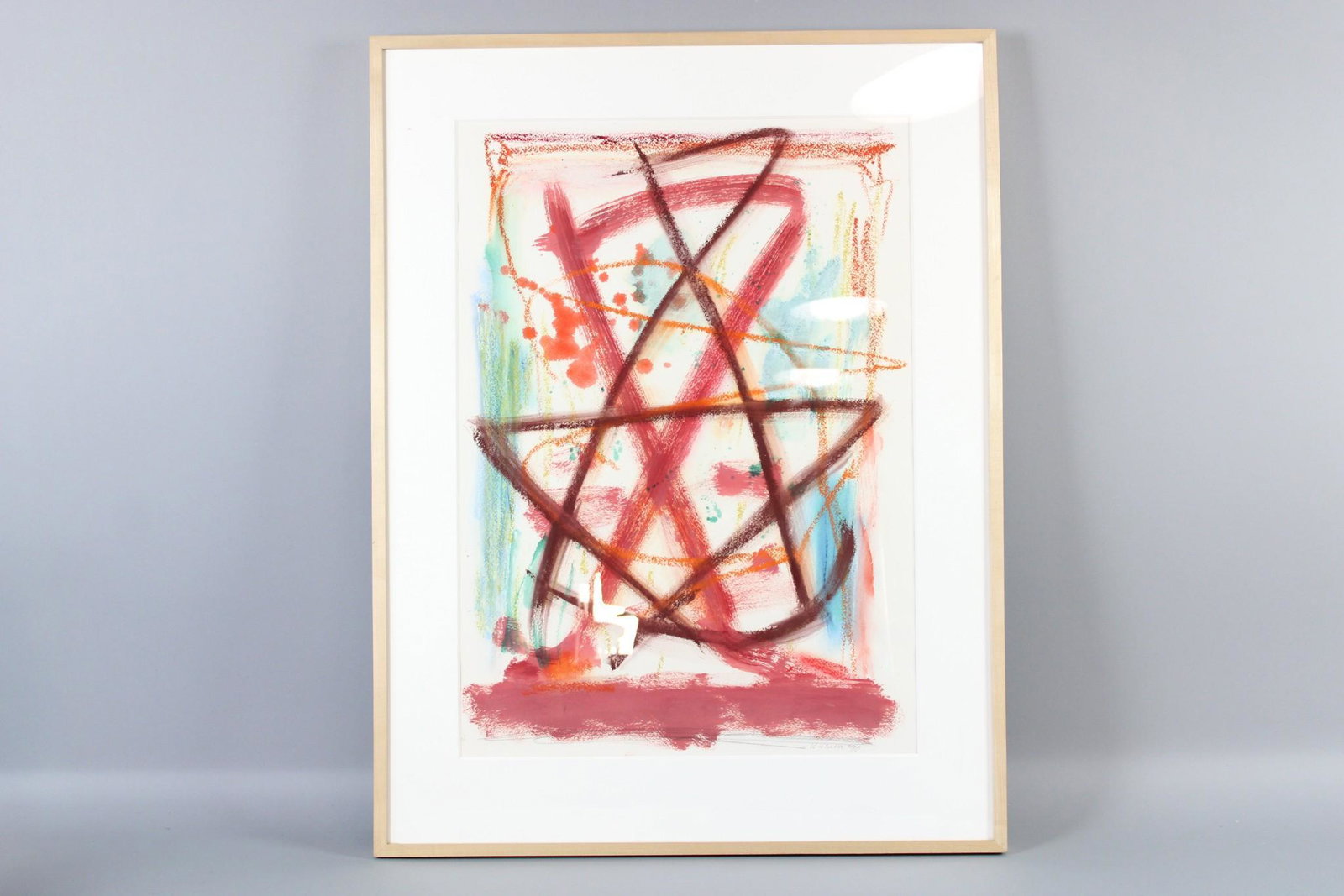 Jacob Kainen Framed Modern Abstract Oil Painting, Two Gun Gabriel 1990, 2 of 2: Jacob Kainen Framed Modern Abstract Oil Drawing, Two Gun Gabriel 1990. Oil bar and mineral spirits on paper, in vibrant orange, green, red & blue & brown. Signed by the artist Jacob Kainen (1909-2001 