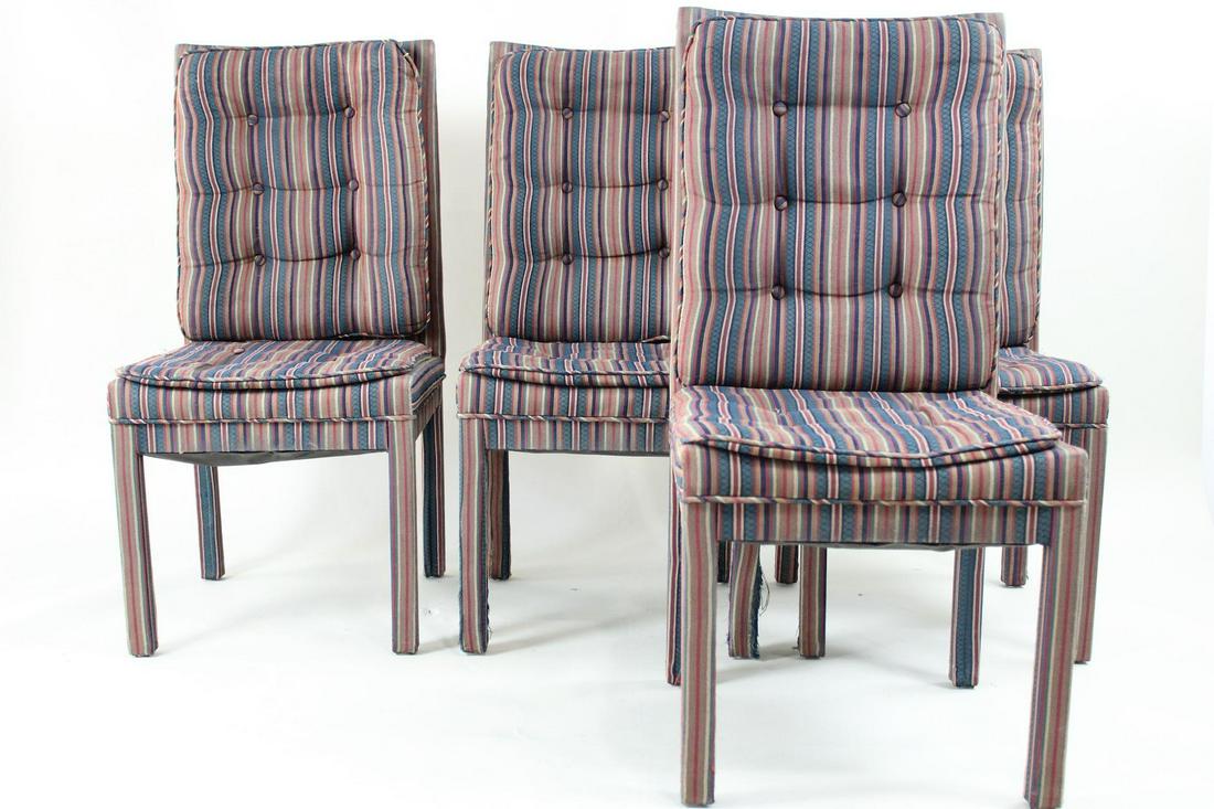 Set of 4 Parsons Style Fully Upholstered Striped Dining Chairs, Mid Century Modern: Set of 4 Parsons Style Fully Upholstered Striped Dining Chairs, Mid Century Modern. These chairs are in the style of Parsons. Dimensions are 40 in h x 19.25 in w x 21.5 in d. The seat height is 18.5 i