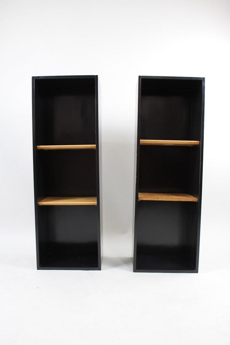 Pair of Paul McCobb Custom Made Black Wood Shelving Units: Pair of Paul McCobb Custom Made Black Wood Shelving Units. Matching shelving units have 2 shelfs in natural wood, with wooden frames with black finish. Reportedly custom made by Paul McCobb for the pr