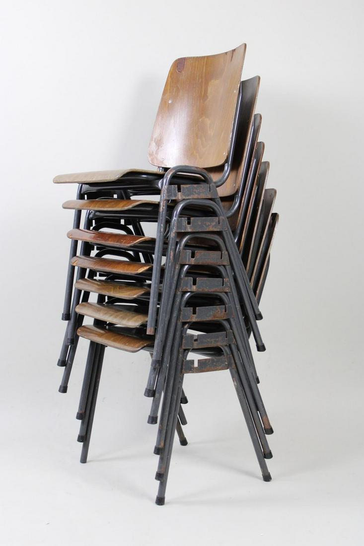 Set of 7 Industrial Bentwood, Metal Framed Stacking Chairs: Set of 7 Industrial Bentwood, Metal Framed Stacking Chairs. This is a nice set of 7 industrial chairs. They have metal frames and bent plywood seats and backs. They stack well on top of their metal fr
