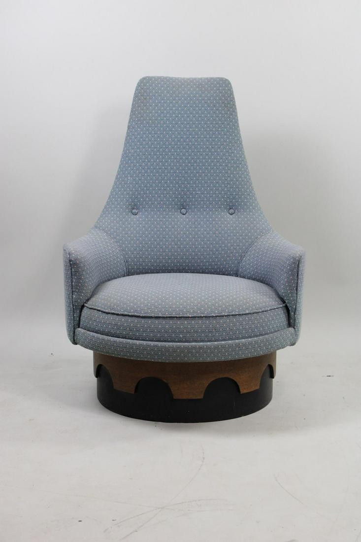 Mid-Century Modern Adrian Pearsall Blue Tall Back Swivel Lounge Chair: Mid-Century Modern Adrian Pearsall Blue Tall Back Swivel Lounge Chair. Fantastic chair has blue upholstery with a scallop motif, and black & brown wooden base. No attribution marks. Dimensions are 46