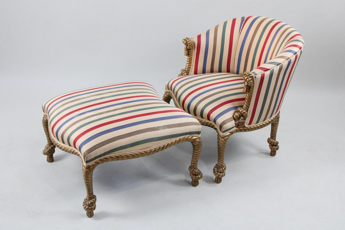 Hollywood Regency Gilt Carved Twisted Rope Upholstered Chair & Ottoman: Hollywood Regency Gilt Carved Twisted Rope Upholstered Chair & Ottoman. This set is outlandish with carved rope frame and gilt gold. The red white and blue striped fabric is nice as well. Dimensions a