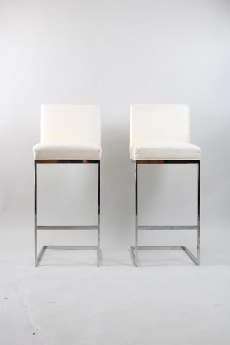 Contemporary Modern Brueton Chrome & Leather Bar Stools: Contemporary Modern Brueton Chrome & Leather Bar Stools. These two stools have nice soft leather and polished chrome frame. They are contemporary. Dimensions are 41 in h x 16 in w x 17.5 in d. Seat he