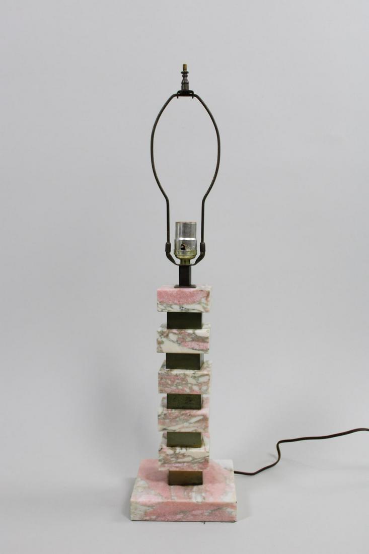 Mid-Century Modern Pink Marble & Brass Lamp, Hayden Burkhart: Mid-Century Modern Pink Marble & Brass Lamp, Hayden Burkhart. Unusual lamp is made of stacked squares of alternating pink marble & brass. Marked Hayden Burkhart on the bottom, with an outline of VT. N