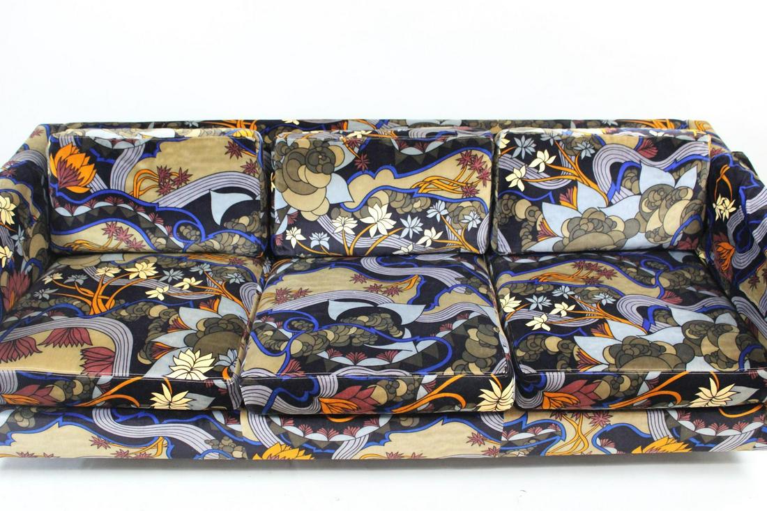 Mid Century Modern Sofa with Jack Lenor Larsen Fabric, Harvey Probber: Mid Century Modern Sofa with Jack Lenor Larsen Fabric, Harvey Probber. This design of the sofa is attributed to harvey Probber, the fabric is by Jack Lenor Larsen. Dimensions are 23 in h x 81 in w x 3