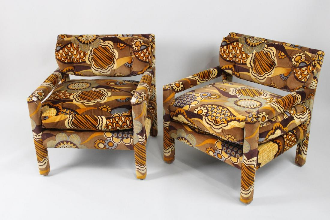 Pair of Milo Baughman Style Parsons Chairs, Upholstered Jack Lenor Larsen fabric: Pair of Milo Baughman Style Parsons Chairs, Upholstered in Jack Lenor Larsen fabric. This is a great pair of chairs with original Jack Lenor Larsen fabric. The one chair has wear to the front corners