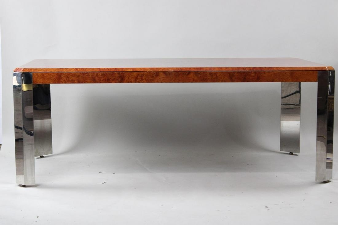 Leon Rosen for Pace Burl Wood Polished Steel Dining Table: Leon Rosen for Pace Burl Wood Polished Steel Dining Table. This heavy and well made piece of furnuture is by Pace Collection designed by Leon Rosen. It is burl wood with heavy geometric chrome legs. T