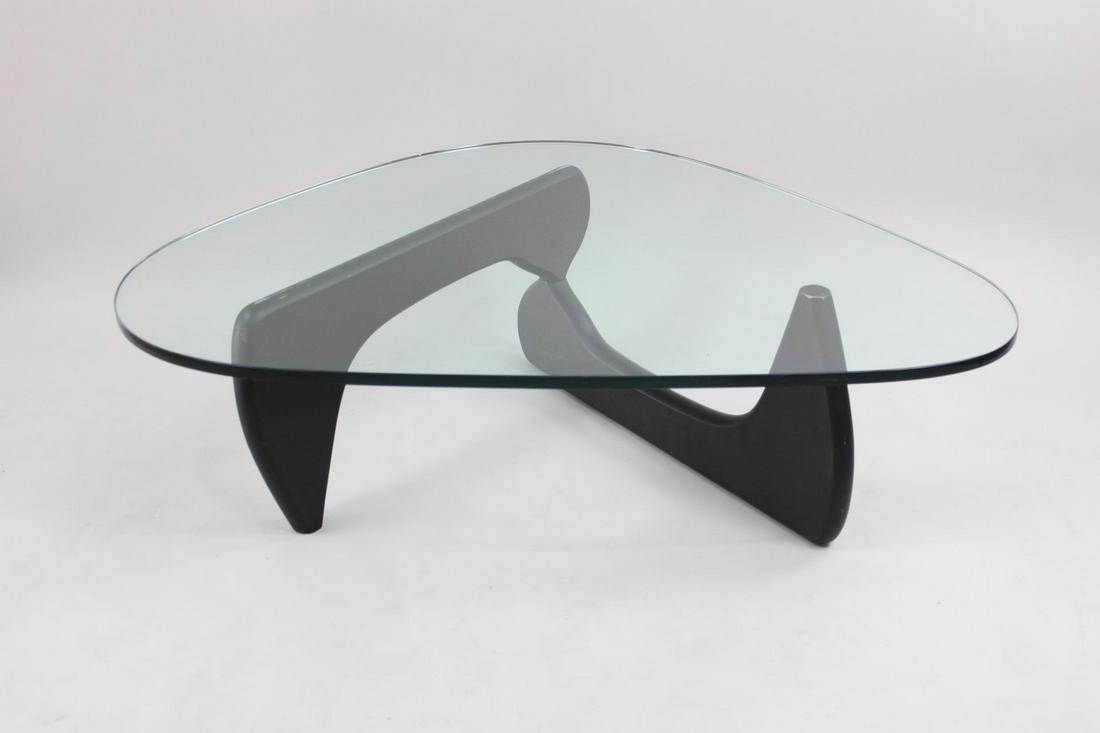 Mid-Century Modern Noguchi Wood & Glass Coffee Table: Mid-Century Modern Noguchi Style Coffee Table. Classic black painted wood with glass top table in the style of Isamu Noguchi. No makers mark so unsure of age. Dimensions are 15.75 in h x 49 in w x 35.
