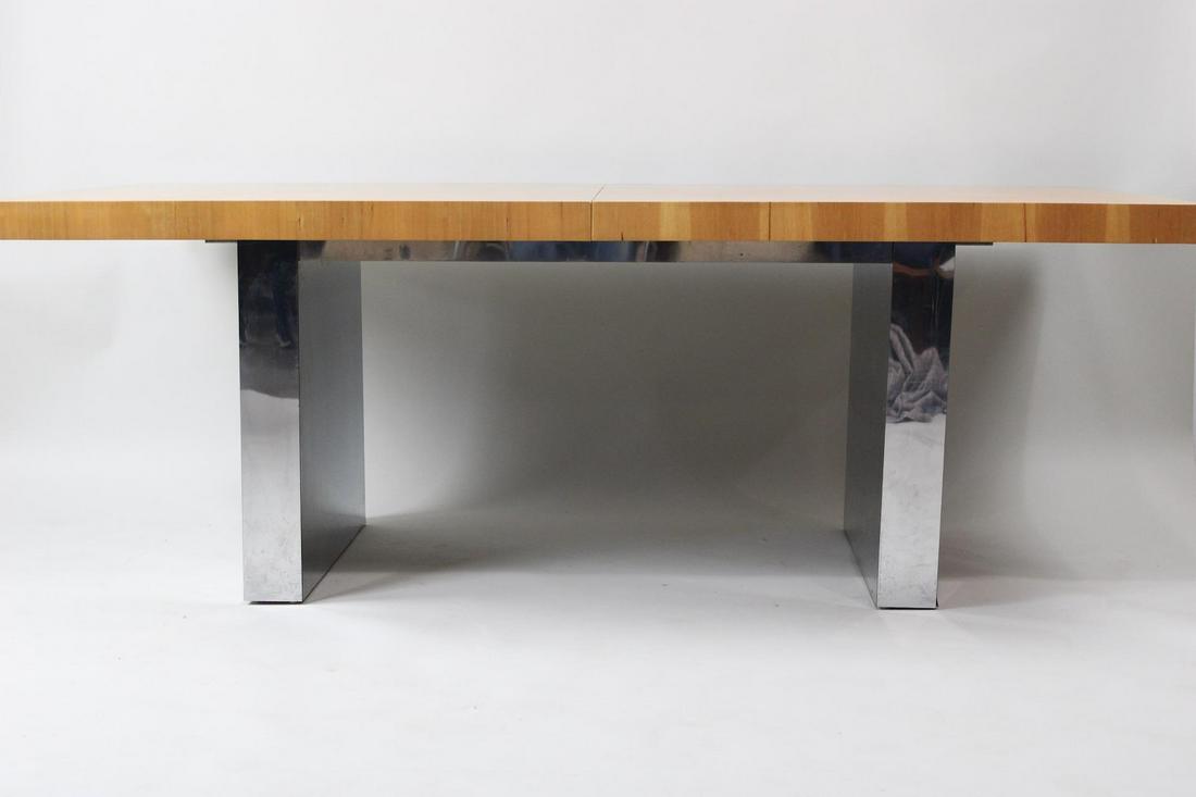 Mid Century Modern Roger Sprunger for Dunbar Chrome Dining Table: Mid Century Modern Roger Sprunger for Dunbar Chrome Dining Table. This large dining table with bookmatched top and chunky minimalist chrome legs. It has two large leaves that can make the length 122 i