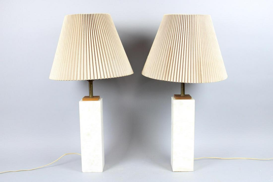 Pair Marble Lamps, Walter Von Nessen Style: Pair Marble Lamps, Walter Von Nessen Style. Modern minimalist lamps have a long square columnar body of off-white marble with subtle dark veins, topped with a square wood platform and brass upper part