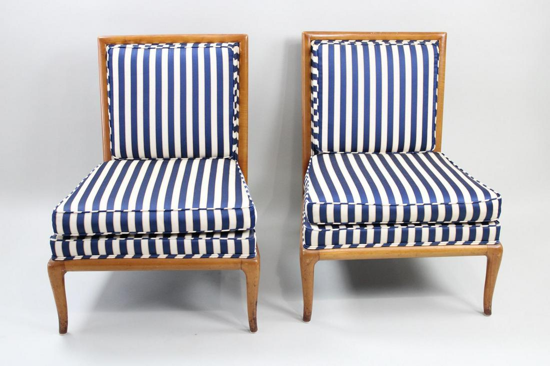 Pair of Blue Striped Robsjohn-Gibbings Mid-Century Modern Slipper Chairs: Pair of Blue Striped Mid-Century Modern Slipper Chairs, T. H. Robsjohn-Gibbings. Elegant matching pair of chairs designed by T. H. Robsjohn-Gibbings have blue and white striped upholstery and wooden f