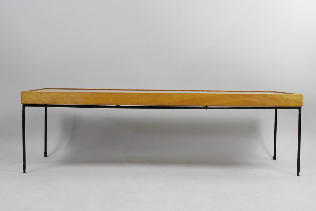 Mid-Century Modern Paul McCobb Coffee Table, Custom Shadow Box Top: Mid-Century Modern Paul McCobb Coffee Table, Custom Shadow Box Top. Table reportedly custom made for previous owner by Paul McCobb has an iron base, and a case style tempered glass top with blonde woo