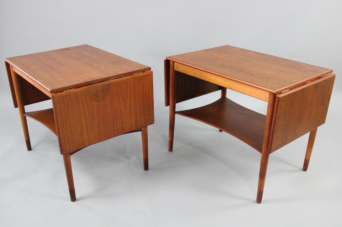 Pair of Danish Modern Teak Borge Mogensen Drop-Leaf Side Tables: Pair of Danish Modern Teak Borge Mogensen Drop-Leaf Side Tables. This is a rare table, and even more rare pair of drop-leaf tables. Marked Made in Denmark on the underside. Dimensions are 20 in h x 23