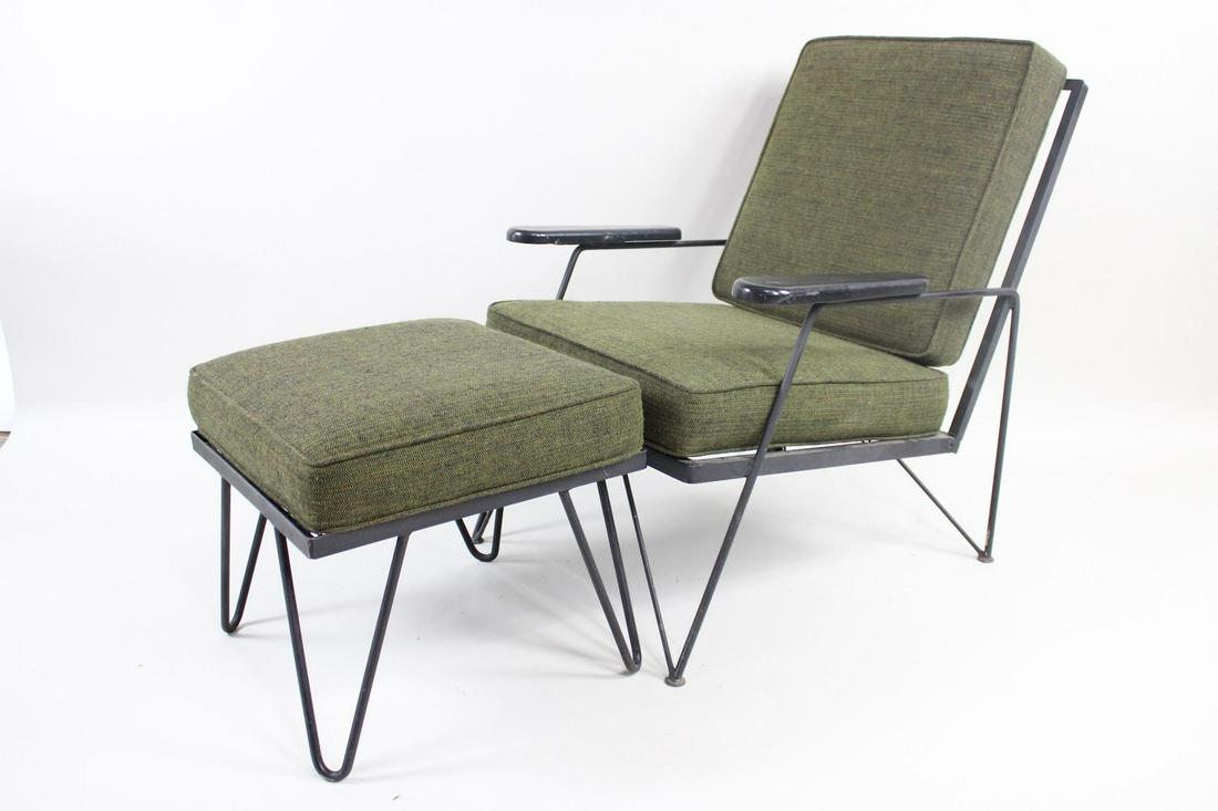 Mid-Century Modern Metal Lounge Chair & Ottoman w/Green Cushions: Mid-Century Modern Metal Lounge Chair & Ottoman w/Green Cushions. Removable sage green cushions rest on both ottoman and lounge chair, which have black metal frames, hairpin legs and painted black woo