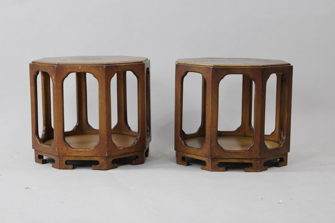Pair of Mid Century Modern Octagonal Side Tables, Asian Style: Pair of Mid Century Modern Octagonal Side Tables, Asian Style. These tables have a gold finish to the top surface which is worn. The base's "feet" have an Asian style to them. Dimensions are 16.5 in h